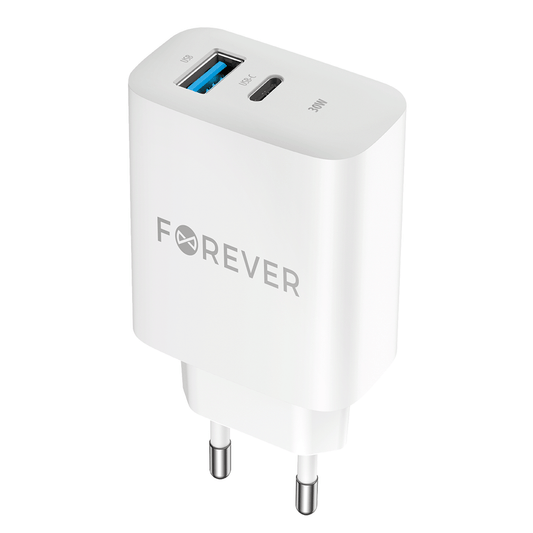 Network Charger Forever TC-07-30AC, 30W, 3A, 1 x USB-A - 1 x USB-C, White