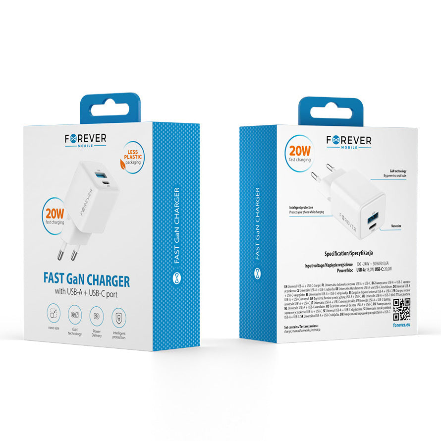 Verkkolaturi Forever TC-08-20AC, 20W, 3A, 1 x USB-A - 1 x USB-C, Valkoinen