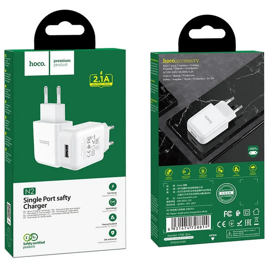 Verkkolaturi HOCO N2, 10W, 2A, 1 x USB-A, Valkoinen