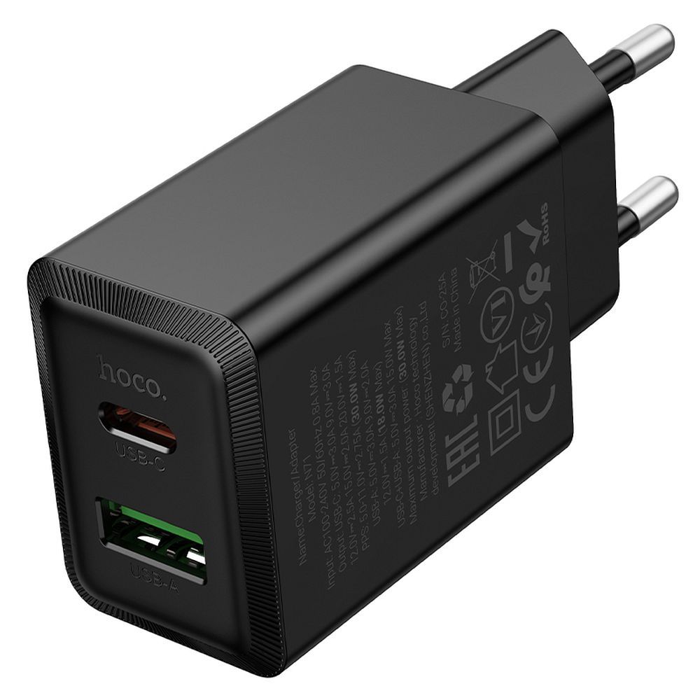 Verkkolaturi HOCO N71, 30W, 3A, 1 x USB-A - 1 x USB-C, Musta