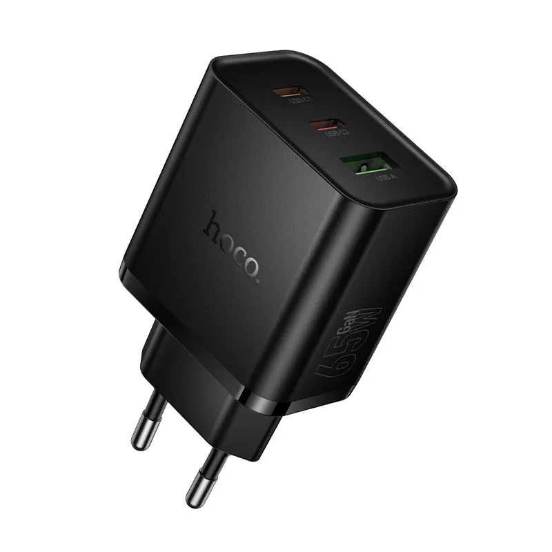 HOCO N75 Verkkolaturi, 65W, 3A, 1 x USB-A - 2 x USB-C, Musta