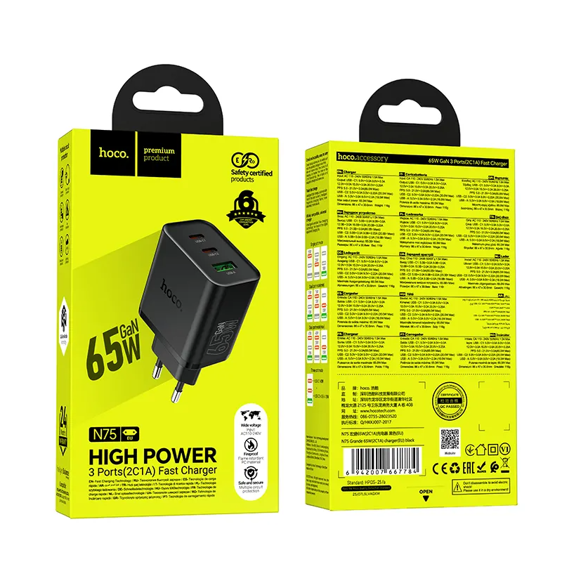 HOCO N75 Verkkolaturi, 65W, 3A, 1 x USB-A - 2 x USB-C, Musta