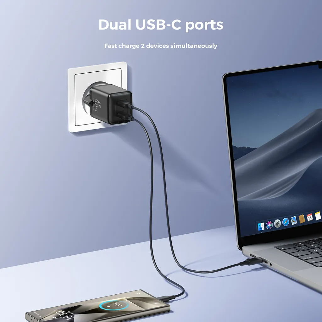 Joyroom JR-TCG17 -verkkolaturi, 45W, 3A, 2 x USB-C, Musta