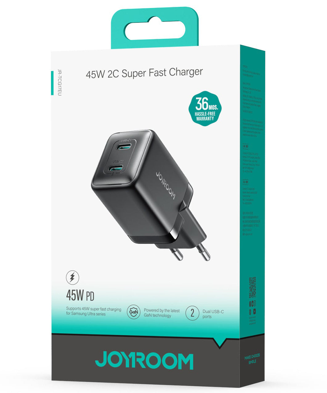 Joyroom JR-TCG17 -verkkolaturi, 45W, 3A, 2 x USB-C, Musta
