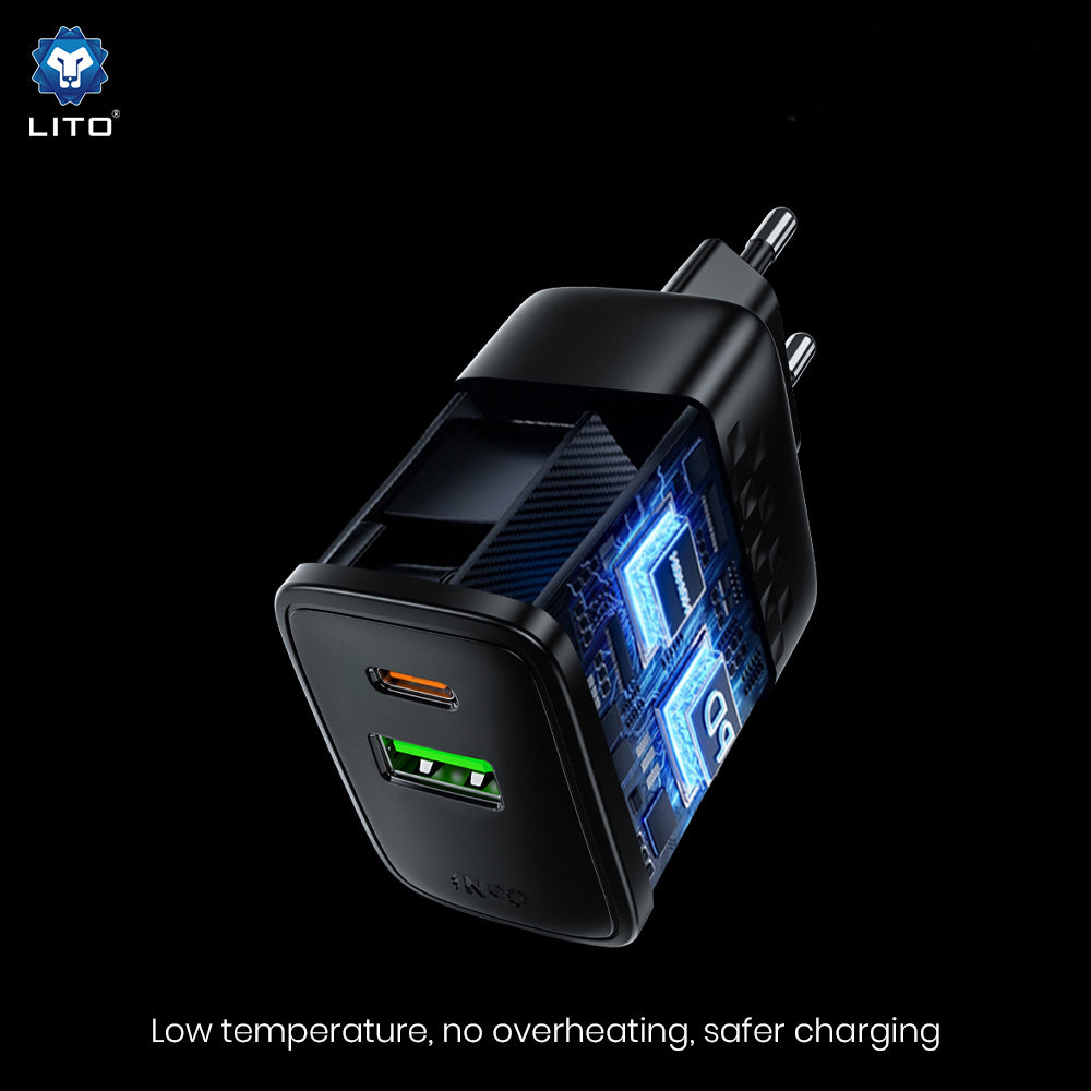 Lito LC24 Verkkolaturi, 65W, 3.25A, 1 x USB-A - 1 x USB-C, Musta