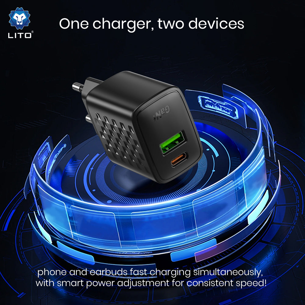 Lito LC24 Verkkolaturi, 65W, 3.25A, 1 x USB-A - 1 x USB-C, Musta