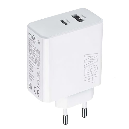 MaXlife verkkolaturi MXTC-07-45AC, 45W, 3A, 1 x USB-A - 1 x USB-C, valkoinen