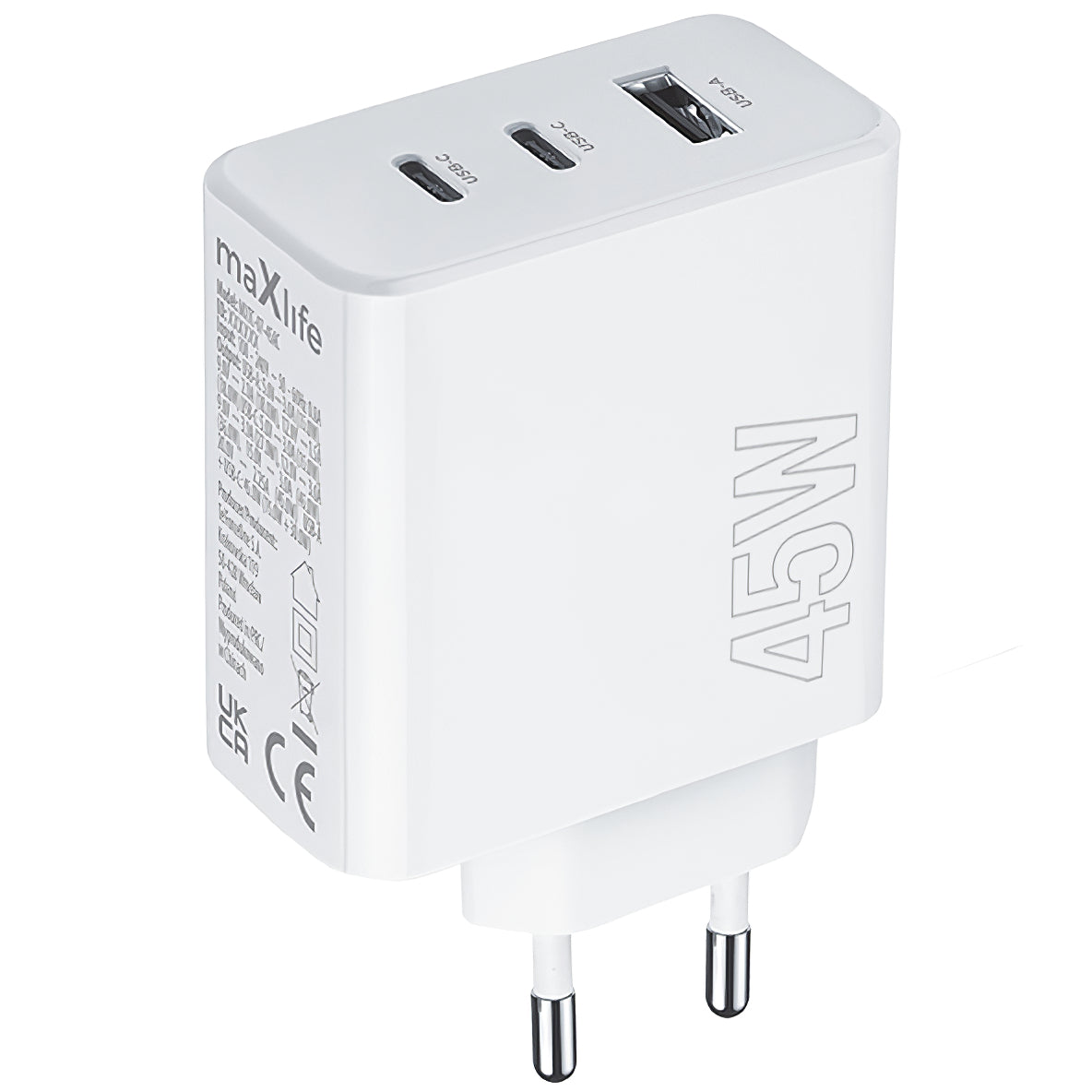 MaXlife verkkolaturi MXTC-07-45ACC, 45W, 3A, 1 x USB-A - 2 x USB-C, valkoinen