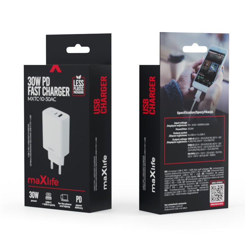 MaXlife-verkkolaturi MXTC-10-30-30AC, 30W, 3A, 1 x USB-A - 1 x USB-C, valkoinen