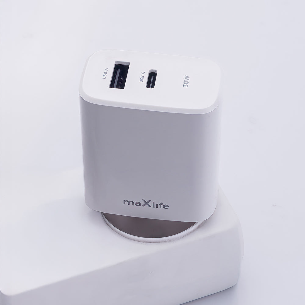 MaXlife-verkkolaturi MXTC-10-30-30AC, 30W, 3A, 1 x USB-A - 1 x USB-C, valkoinen