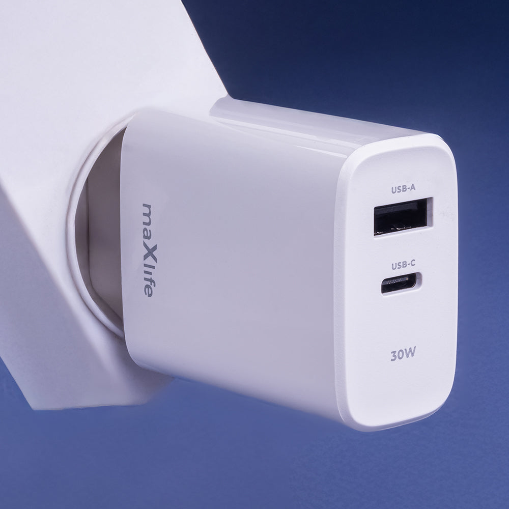 MaXlife-verkkolaturi MXTC-10-30-30AC, 30W, 3A, 1 x USB-A - 1 x USB-C, valkoinen