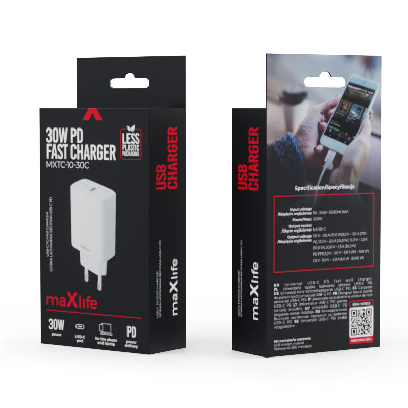 MaXlife MXTC-10-30C verkkolaturi, 30W, 3A, 1 x USB-C, valkoinen