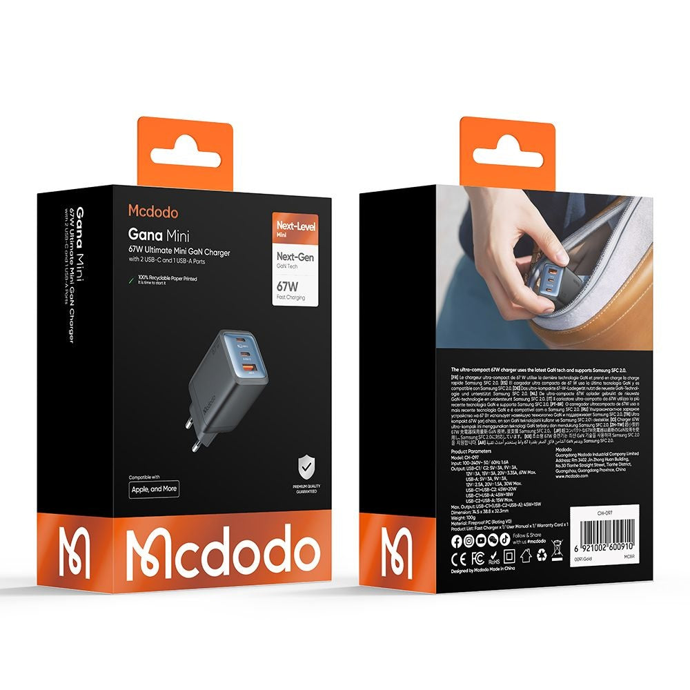 McDodo CH-0970 Gana Mini -verkkolaturi, 67W, 3A, 1 x USB-A - 2 x USB-C, Musta