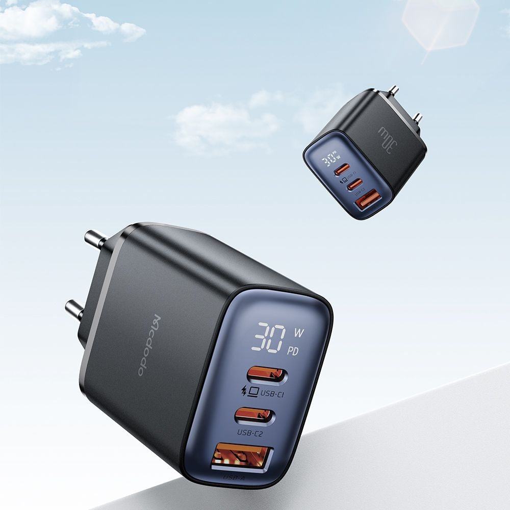 McDodo CH-2180 Network Charger Display, 30W, 3A, 1 x USB-A - 2 x USB-C, Black