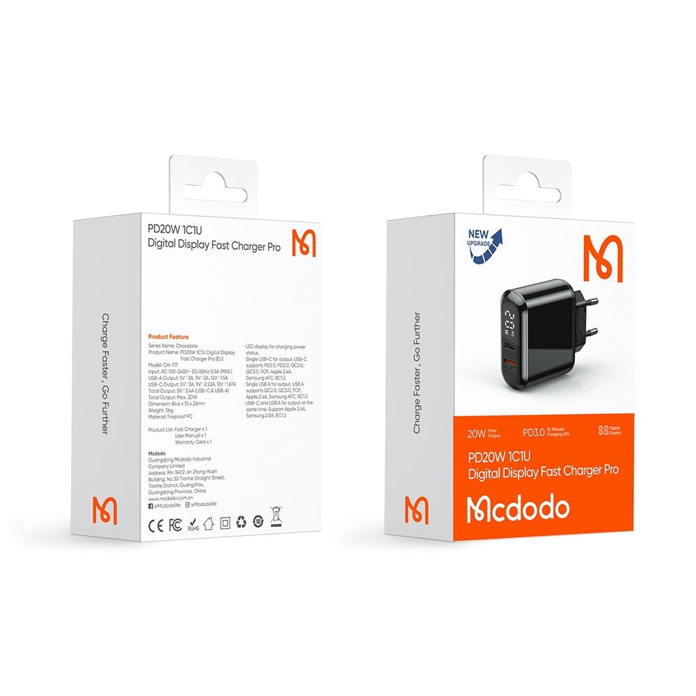 McDodo CH-7170 Chocolate Display -verkkolaturi, 20W, 3A, 1 x USB-A - 1 x USB-C, Musta