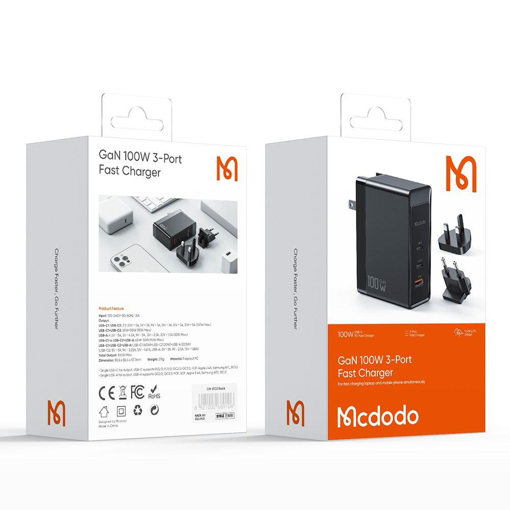 McDodo CH-8101 Pro Nuc AR Power Travel -verkkolaturi, 100W, 5A, 1 x USB-A - 2 x USB-C, Musta