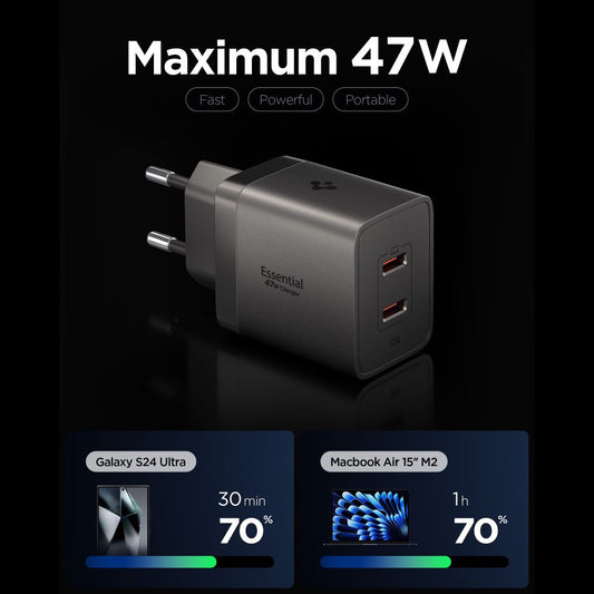 Verkkolaturi Spigen EE472EU Essential, 47W, 3A, 2 x USB-C, Harmaa ACH10450