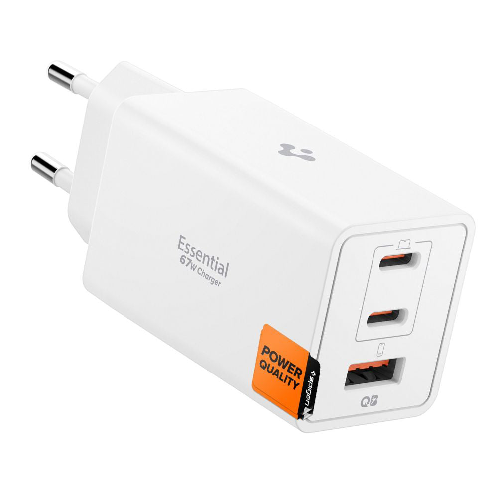 Spigen Essential -verkkolaturi, 67W, 3.25A, 1 x USB-A - 2 x USB-C, Valkoinen ACH08710