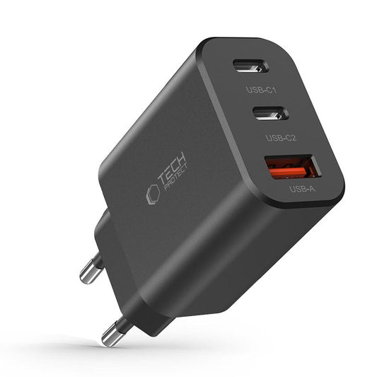 Verkkolaturi Tech-Protect NC30W, 30W, 3A, 1 x USB-A - 2 x USB-C, musta