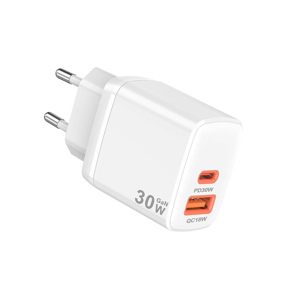 Verkkolaturi Techsuit CH1 Duonix, 30W, 3A, 1 x USB-A - 1 x USB-C, Valkoinen
