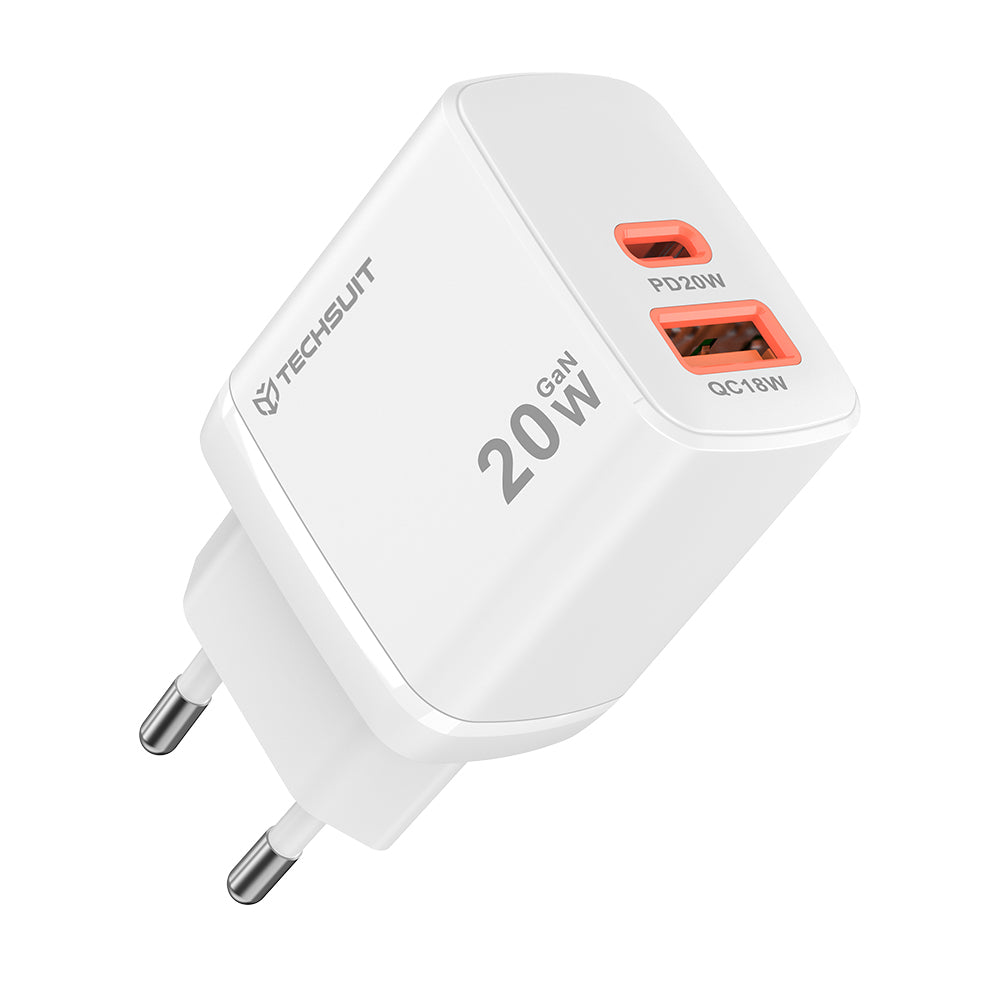 Techsuit CH2 Duonix -verkkolaturi, 20W, 3A, 1 x USB-A - 1 x USB-C, Valkoinen