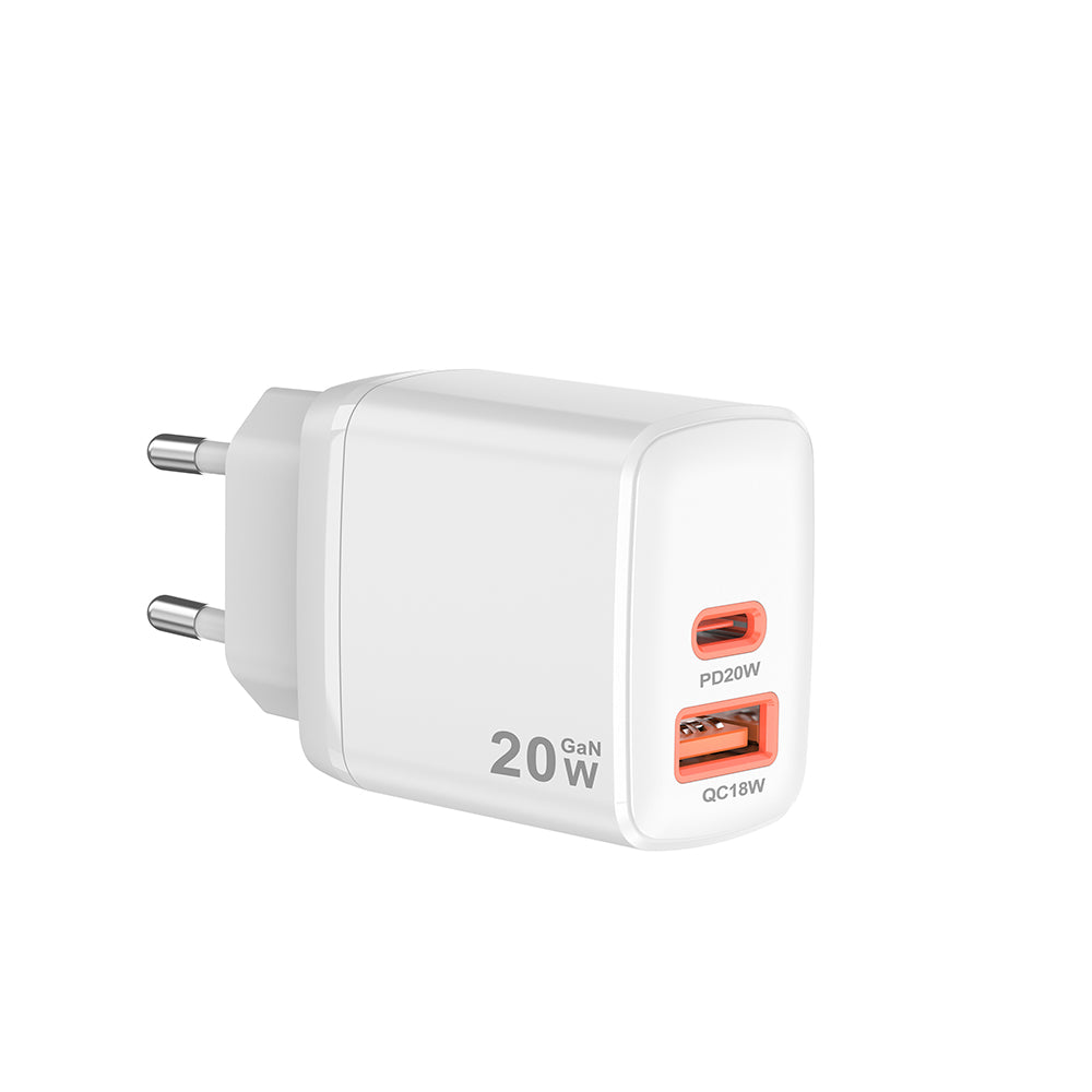 Techsuit CH2 Duonix -verkkolaturi, 20W, 3A, 1 x USB-A - 1 x USB-C, Valkoinen