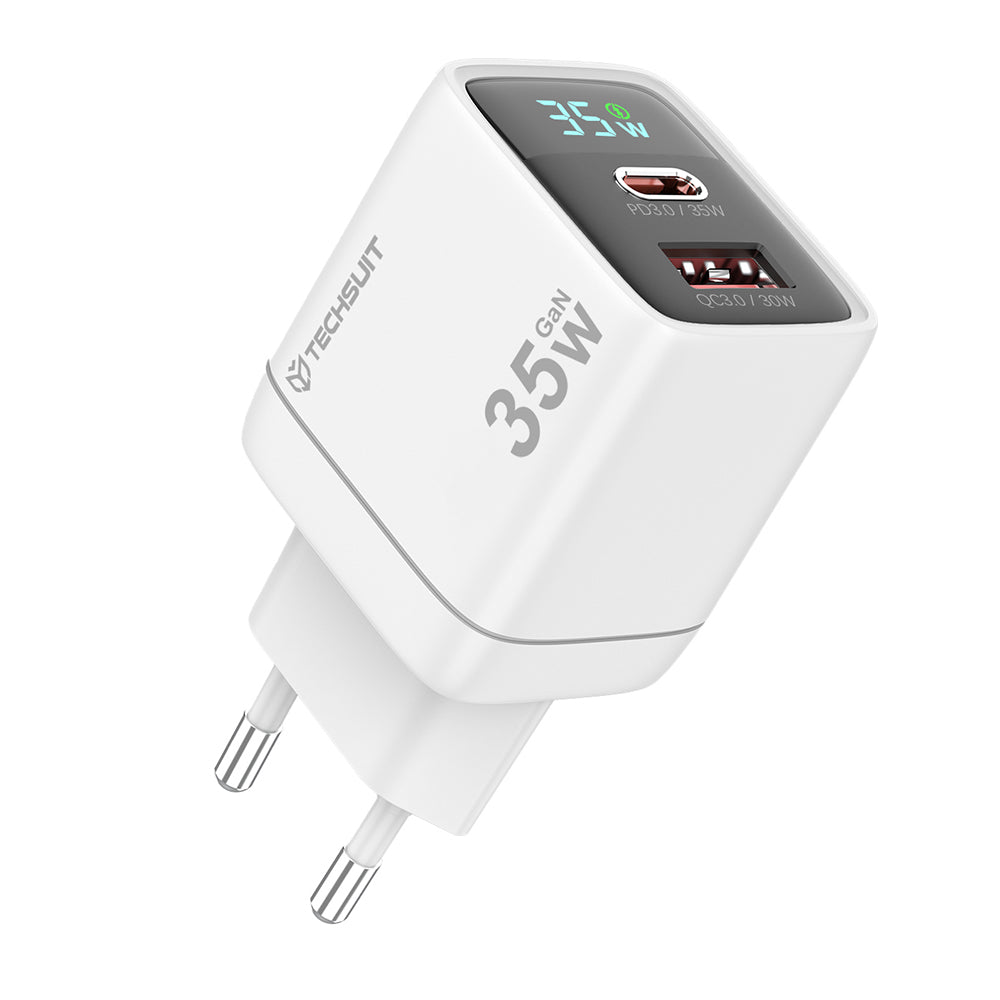 Techsuit CH3 LEDChargX Display -verkkolaturi, 35W, 3A, 1 x USB-A - 1 x USB-C, Valkoinen