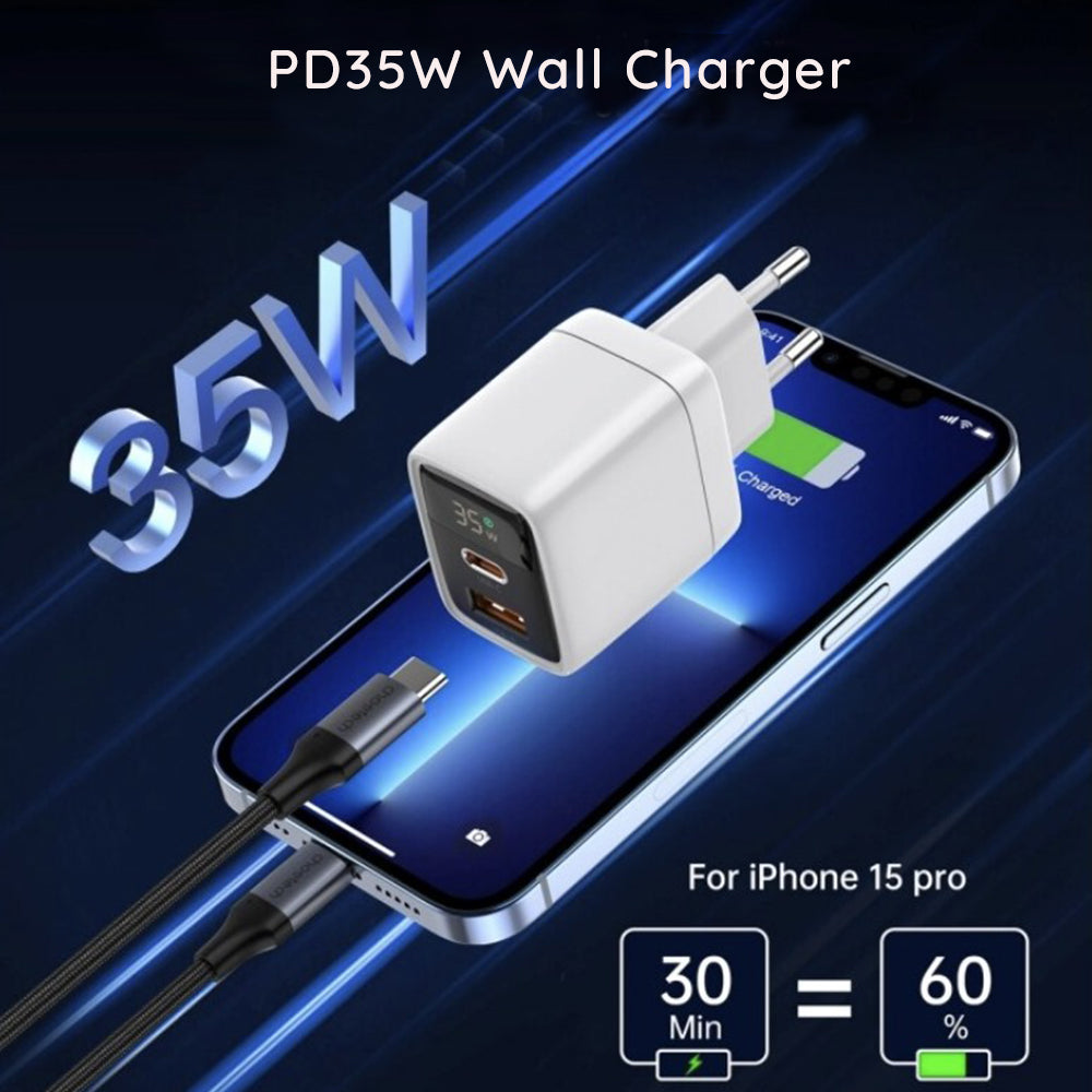 Techsuit CH3 LEDChargX Display -verkkolaturi, 35W, 3A, 1 x USB-A - 1 x USB-C, Valkoinen