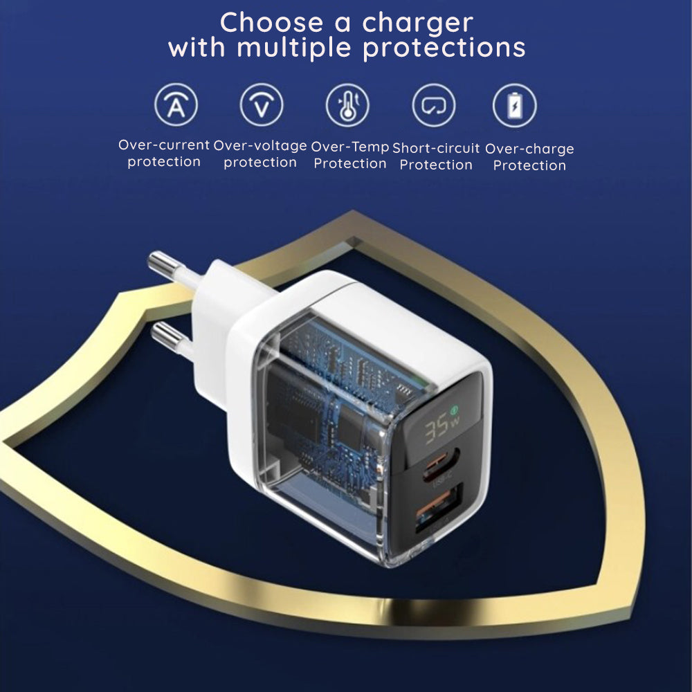 Techsuit CH3 LEDChargX Display -verkkolaturi, 35W, 3A, 1 x USB-A - 1 x USB-C, Valkoinen