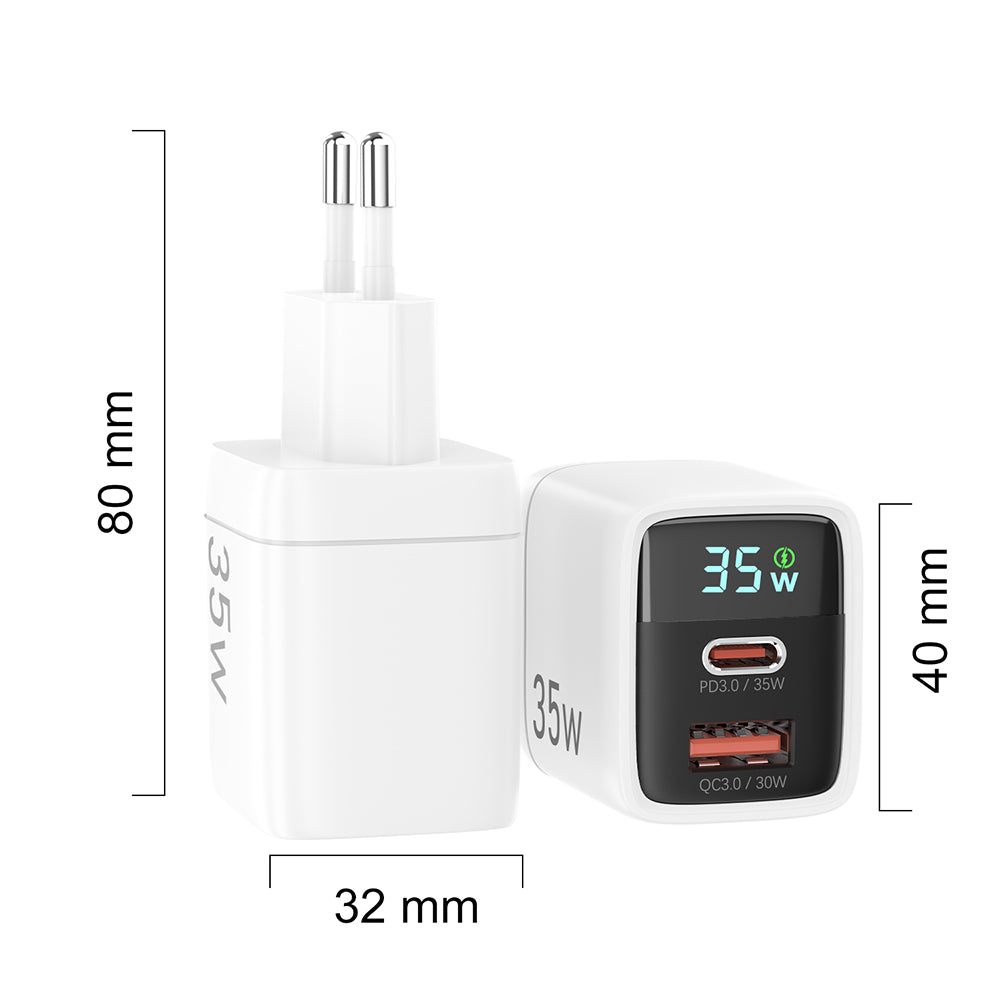 Techsuit CH3 LEDChargX Display -verkkolaturi, 35W, 3A, 1 x USB-A - 1 x USB-C, Valkoinen