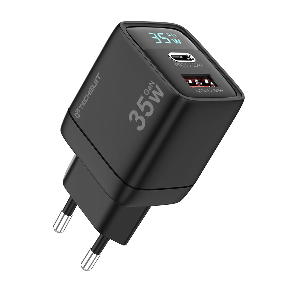 Techsuit CH3 LEDChargX Display -verkkolaturi, 35W, 3A, 1 x USB-A - 1 x USB-C, Musta