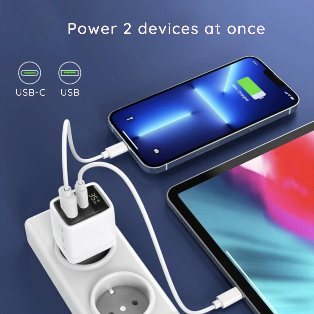 Techsuit CH3 LEDChargX Display -verkkolaturi, 35W, 3A, 1 x USB-A - 1 x USB-C, Musta
