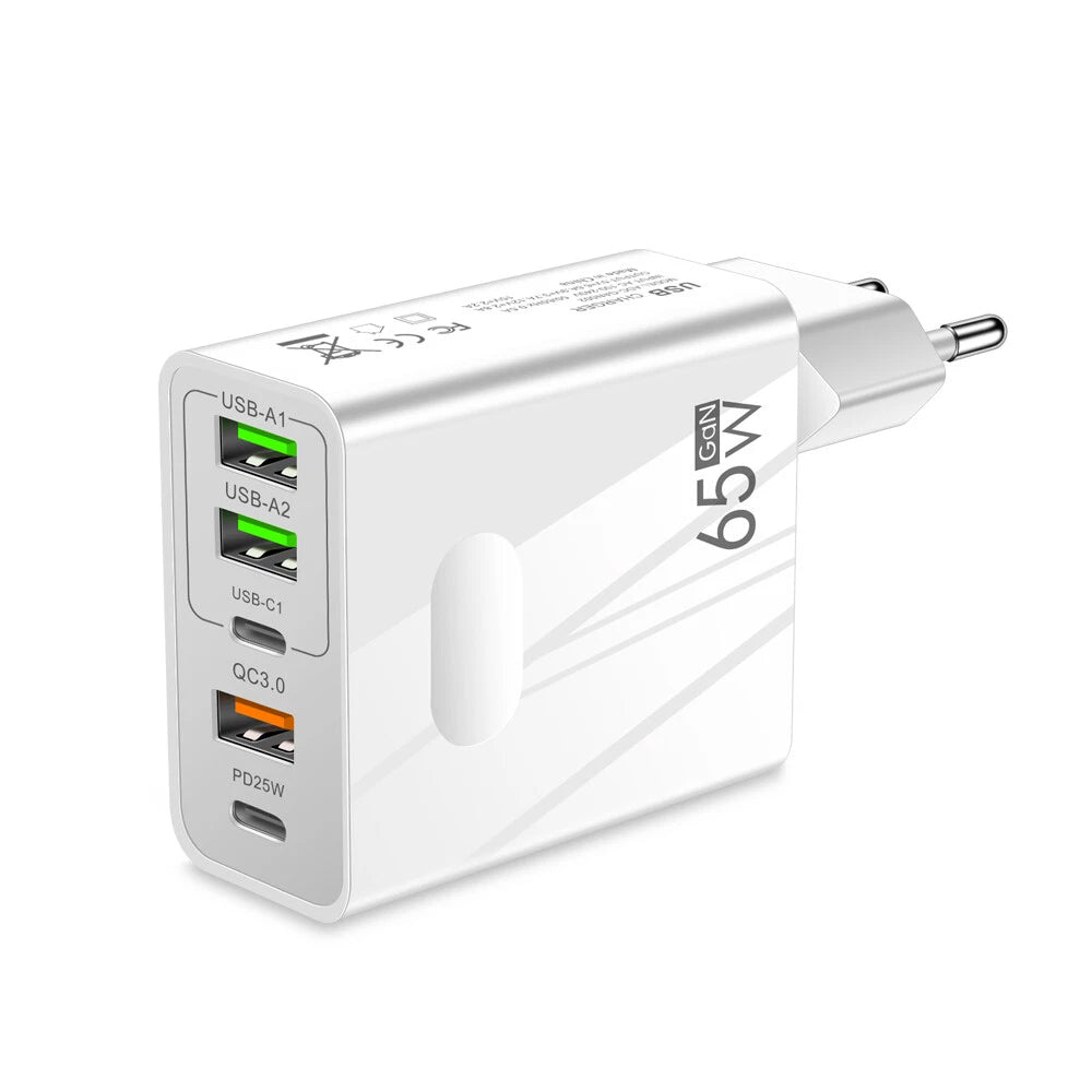 Techsuit CHC1 PentaXPower -verkkolaturi, 25W, 3A, 3 x USB-A - 2 x USB-C, Valkoinen