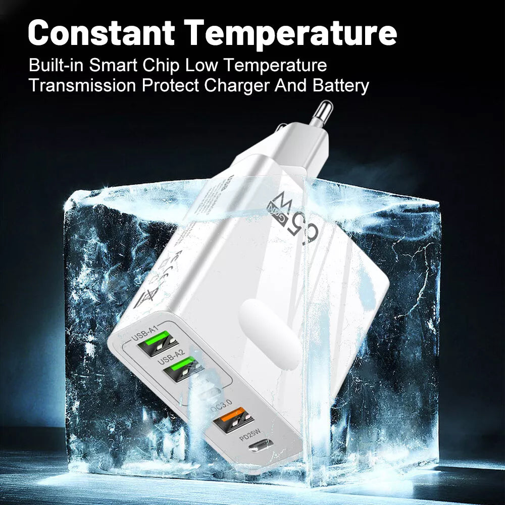 Techsuit CHC1 PentaXPower -verkkolaturi, 25W, 3A, 3 x USB-A - 2 x USB-C, Valkoinen