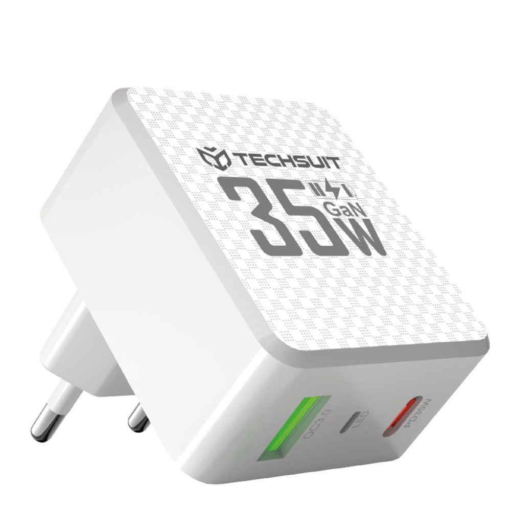 Techsuit CHPD173 Tiny -verkkolaturi, 35W, 3A, 1 x USB-A - 1 x USB-C, Valkoinen