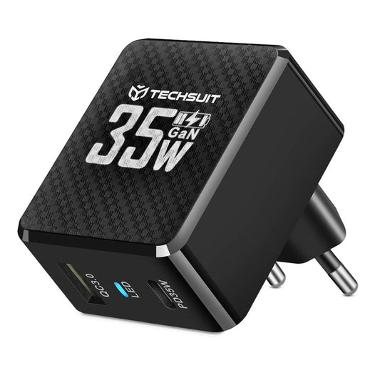 Techsuit CHPD173 Tiny -verkkolaturi, 35W, 3A, 1 x USB-A - 1 x USB-C, musta