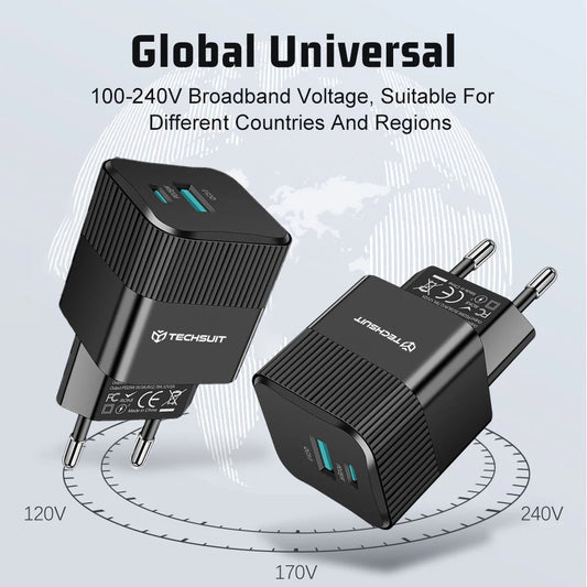 Techsuit CHPD216 Tiny verkkolaturi, 25W, 3A, 1 x USB-A - 1 x USB-C, Valkoinen