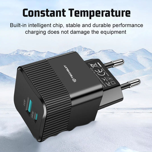 Techsuit CHPD216 Tiny -verkkolaturi, 25W, 3A, 1 x USB-A - 1 x USB-C, Musta