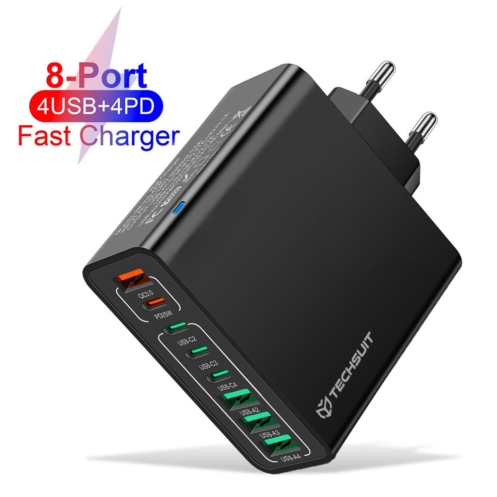 Techsuit CHPD224 Verkkolaturi, 65W, 3.25A, 4 x USB-A - 4 x USB-C, Musta