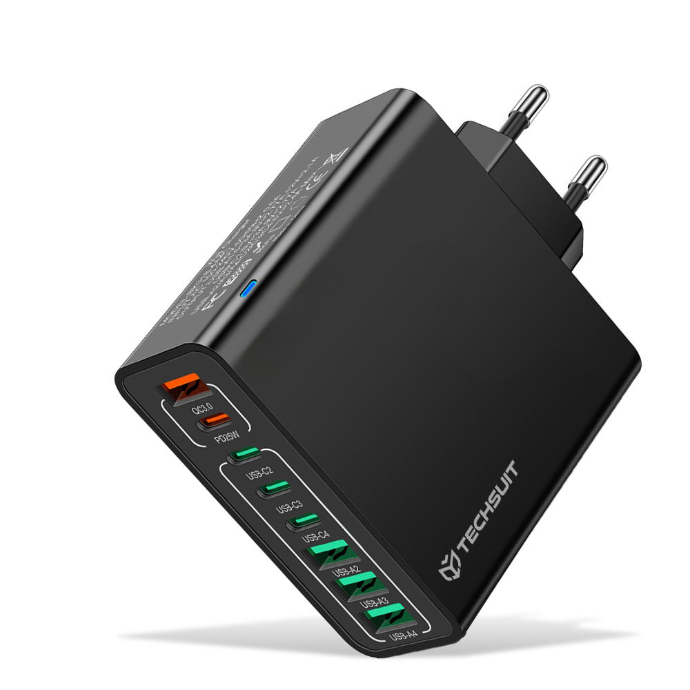 Techsuit CHPD224 Verkkolaturi, 65W, 3.25A, 4 x USB-A - 4 x USB-C, Musta