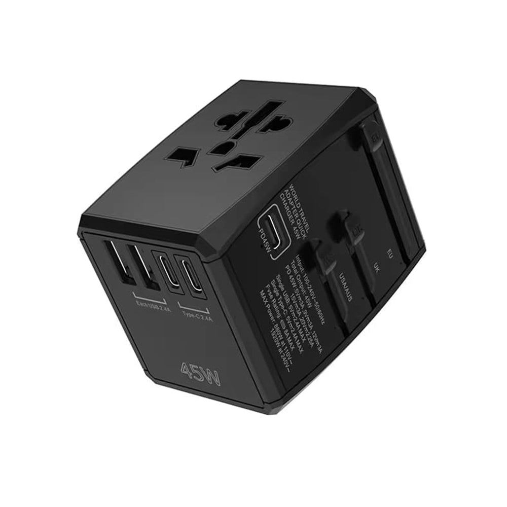 Techsuit HHT905 Travel -verkkolaturi, 45W, 3A, 2 x USB-A - 2 x USB-C, Musta