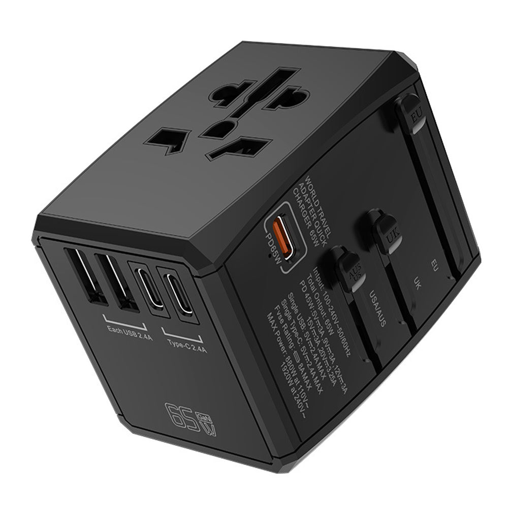 Verkkolaturi Techsuit HHT906 Travel, 65W, 3.25A, 2 x USB-A - 2 x USB-C, Musta