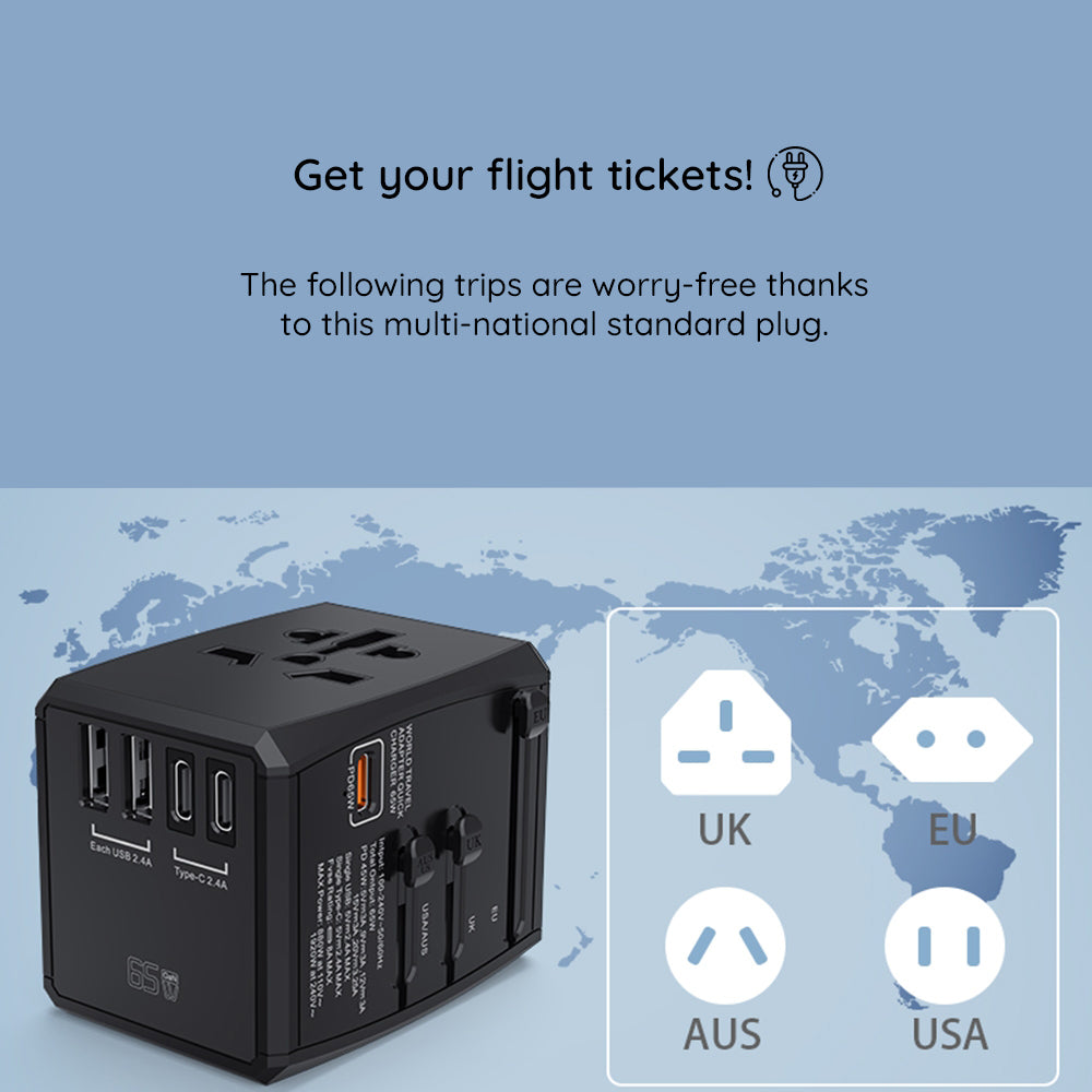 Verkkolaturi Techsuit HHT906 Travel, 65W, 3.25A, 2 x USB-A - 2 x USB-C, Musta