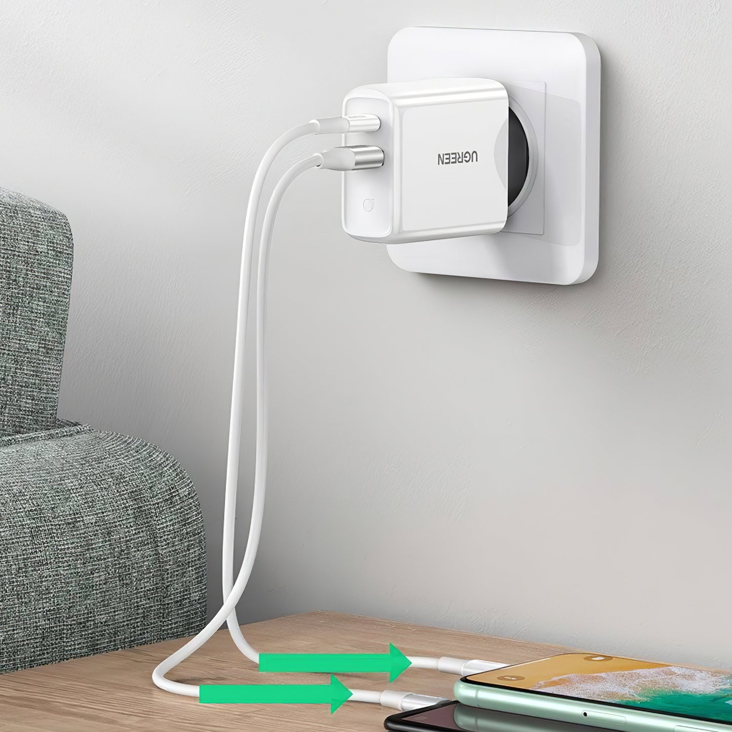 Network Charger UGREEN CD170, 36W, 3A, 1 x USB-A - 1 x USB-C, White