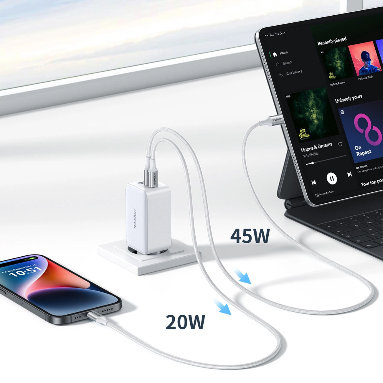 Verkkolaturi UGREEN CD244, 65W, 3A, 1 x USB-A - 2 x USB-C, valkoinen
