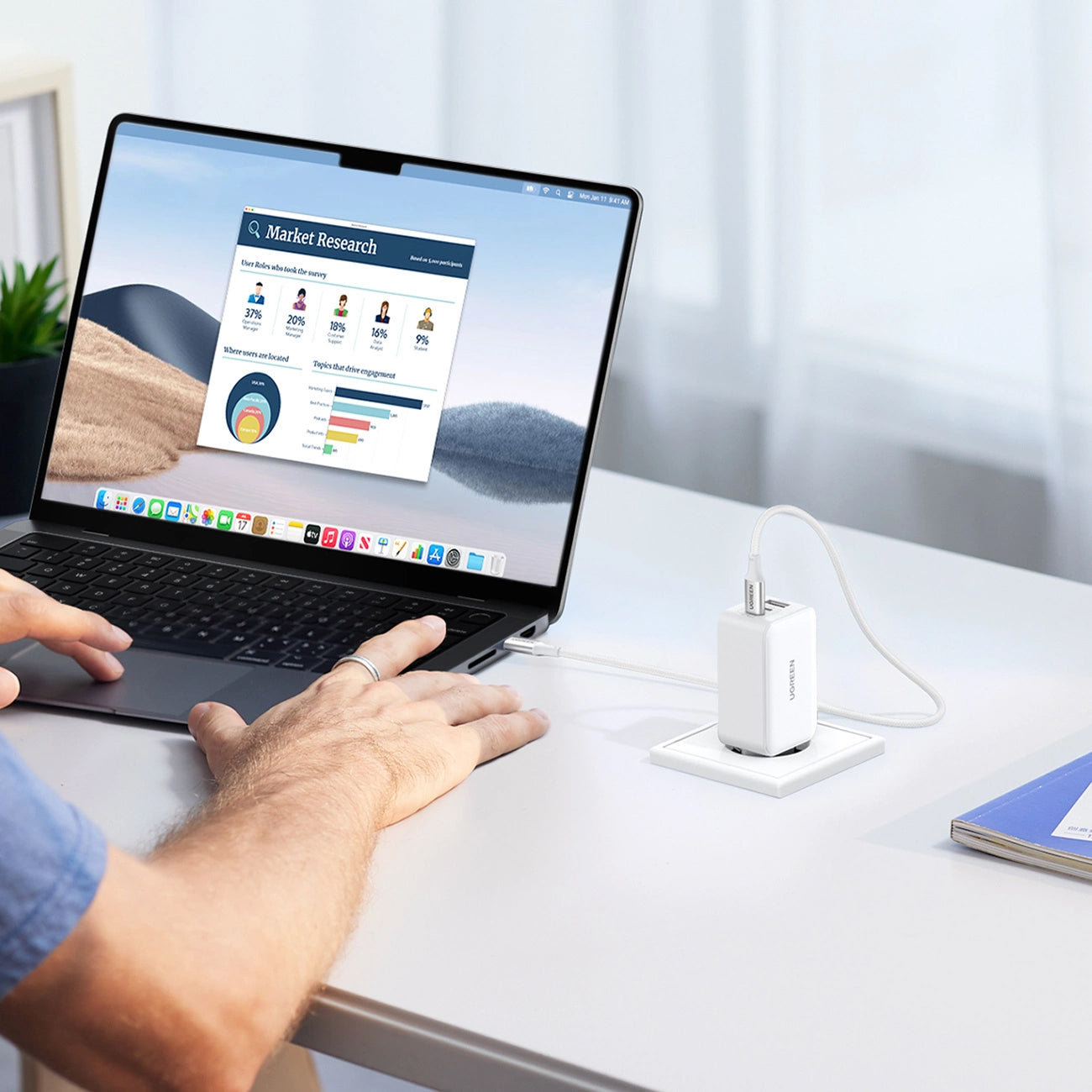 Verkkolaturi UGREEN CD244, 65W, 3A, 1 x USB-A - 2 x USB-C, valkoinen