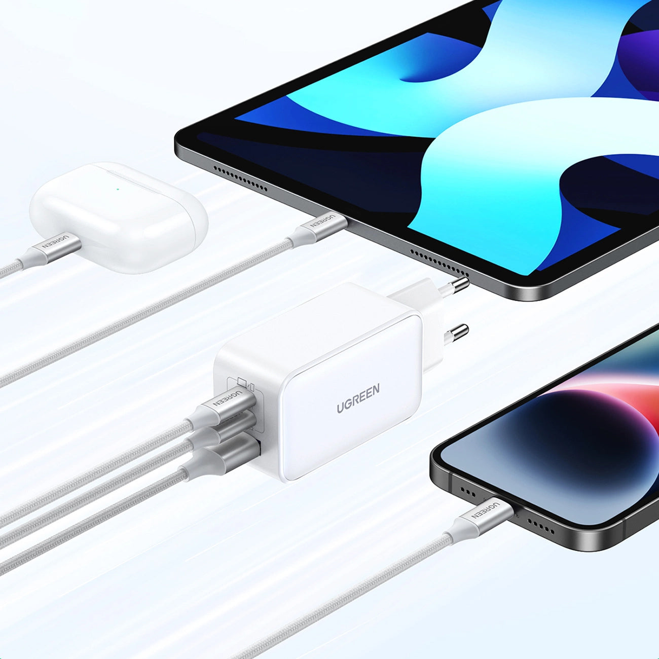 Verkkolaturi UGREEN CD244, 65W, 3A, 1 x USB-A - 2 x USB-C, valkoinen