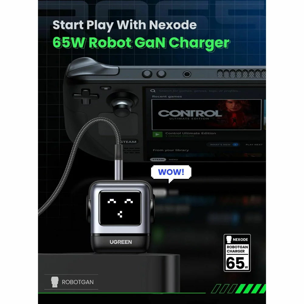 UGREEN CD361 Uno -verkkolaturi, 65W, 3.25A, 1 x USB-A - 2 x USB-C, Musta