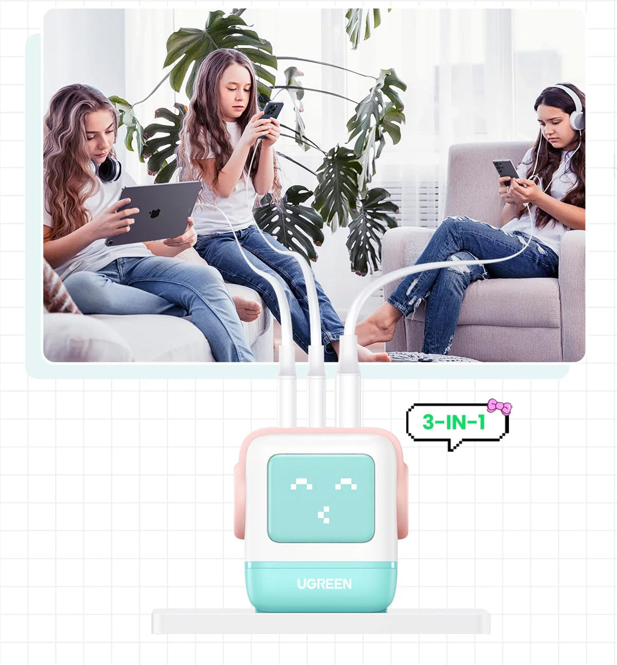 UGREEN CD361 Uno -verkkolaturi, 65W, 3.25A, 1 x USB-A - 2 x USB-C, turkoosi