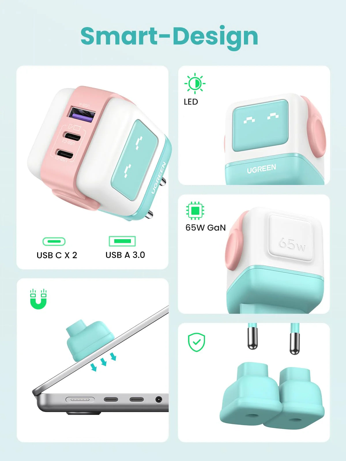 UGREEN CD361 Uno -verkkolaturi, 65W, 3.25A, 1 x USB-A - 2 x USB-C, turkoosi